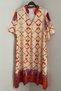Women's Cream Orange Placket Neckline Print Side Pocket Loose Relaxed Fit Short Sleeve Midi Dress - 2
