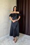 Black Shoulder Gathered Satin Dress - 3