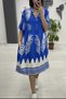 Women's Blue Placket Neckline Print Side Pocket Loose Relaxed Fit Short Sleeve Midi Dress