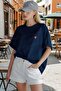 Women's Navy Blue Trophy as Skull Oversize Fit Loose Wide Fit Loose Cut T-Shirt - 2