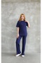 Crew Neck Short Sleeve Suit with Stone Detail - Navy Blue - 2