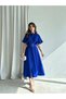 Cobalt Blue Belt Detailed Slit Pleated Midi Dress - 2