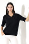Women's Black V-Neck Lace Detailed Comfortable Fit T-Shirt - 2