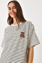 Women's White Black Striped Tedi Embroidered Short Sleeve Oversized T-Shirt 3083 60283055