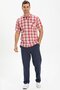 Short Sleeve Sile Cloth Single Pocket Men's Summer Shirt Red Cream Plaid 3038