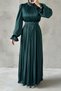 Flowing Satin Fabric Pearl Detailed Hijab Evening Dress Green - 2