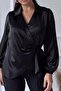 Black Satin Double-Breasted Collar Side Tie Shirt Blouse Oversize - 3