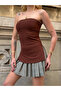 Women's Brown Side Gathered Double Slit Strapless Blouse Hzl24S-Zk13091 - 2