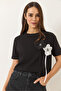Women's Black Short Sleeve Cotton T-Shirt with Accessories 60602041 - 3