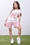 Leopard Patterned Bow Printed Girl's T-Shirt and Shorts Set Ecru-Pink - 6