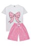 Leopard Patterned Bow Printed Girl's T-Shirt and Shorts Set Ecru-Pink - 2