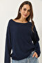 Women's Navy Blue Boat Neck Knitwear Mercerized Basic Blouse 251014 60283138 - 3