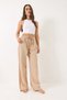 Women's Beige Waist-Tie Linen Palazzo Trousers with Pocket Detail R6675 60283146 - 3