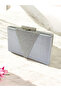 Silver Gray Striped Satin over Crystal Stone Decorated Women's Evening Dress Bag