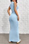 Women's Blue Draped Detailed Gathered Zero Sleeve Body Fitted Stretchy Sandy Maxi Dress - 4