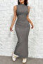 Women's Gray Draped Detailed Gathered Zero Sleeve Body Fitted Flexible Sandy Maxi Dress - 4
