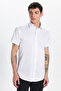 Slim Fit Short Sleeve Plain Cotton Tie Collar Men's White Shirt