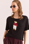 Women's Black Crew Neck Teddy Bear Appliqued Flowy T-Shirt Tsh- 19000867 - 3