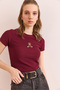 Women's Burgundy Teddy Bear Embroidered Crop Slim Corduroy Blouse Blz- 19002902 - 5