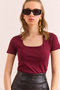 Women's Burgundy Square Neck Front Double Layer Crop Cotton Blouse Blz- 19002904