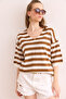 Women's White V-Neck Striped Short Sleeve Knitwear Blouse Blz- 19002837 - 3