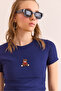 Women's Navy Blue Teddy Bear Embroidered Crop Slim Ribbed Blouse Blz- 19002902