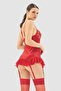 Kırmızı 3lü Tül Dantelli Jartiyerli, Çoraplı ve Külotlu Örme Babydoll/Fantezi Gecelik THMSS25LL00004 - 3