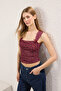 Bordo Çiçek Baskılı Astarlı Baskılı Tül Vücuda Oturan Crop Fiyonk Detaylı Örme Bluz TWOSS25BZ00033 - 6