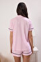 Pembe %100 Pamuklu Çizgili Biyeli Şortlu Örme Pijama Takımı THMSS25PT00416 - 4