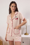 Beige Cherry Embroidered Satin Shorts Woven Pajama Set Thmss25Pt00387 - 2