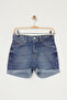 Koyu Mavi Yüksek Bel Paça Katlamalı Mini Denim Şort TWOSS25SR00170 - 5