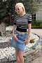 Navy Blue Crew Neck Striped Women's T-Shirt Mg2400 - 6