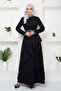 Belted Stone-Studded Hijab Dress 268Dvl897-M Black - 2