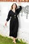Black Double Breasted Collar 3/4 Sleeve Washed Slit Casual Muslin Long Woven Dress 130 60 - 6