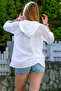White Hooded Buttoned Long Sleeve Double Flap Pocket Washable Casual Woven Blouse 72 62 - 7