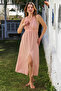 Powder V-Neck Strap Slit Washable and Dirty-Stitched Casual Muslin Long Woven Dress 135 60 - 7