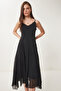 Guipure Detailed Asymmetrical Chiffon Dress Black Lns0031 - 4