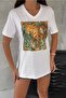 Women's White V-Neck Large Size Tiger Sequin Sequin Embroidered 100% Cotton T-Shirt - 6