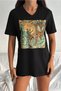 Women's Black V-Neck Large Size Tiger Sequin Sequin Embroidered 100% Cotton T-Shirt - 3