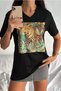 Women's Black V-Neck Large Size Tiger Sequin Sequin Embroidered 100% Cotton T-Shirt - 5