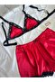 Red Black Lace Detailed Satin Bralet Shorts Pajama Set - 2