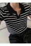 Women's Polo Neck Striped Short Sleeve Knitwear Blouse - 3