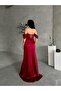 Burgundy Gathered Low Sleeve Satin Evening Dress - 5