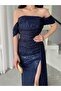 Navy Blue Low Sleeve Sequin Sequin Evening Dress - 7