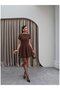 Women's Brown Oval Neck Pleated Dress - 3