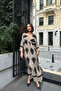 Ethnic Patterned Viscose Long Sleeve Cream Dress - 2