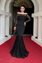 Top Guipure Lace Bottom Double Fabric Boat Neck Evening Dress - Black - 2