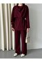 Claret Red Drape Collar Blouse Trousers Set - 8625 - 7