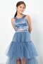 Stone Print Detailed Tulle Evening Dress Indigo Mdv340 - 3