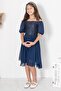 Balloon Sleeve Detailed Chiffon Evening Dress Navy Blue Mdv332